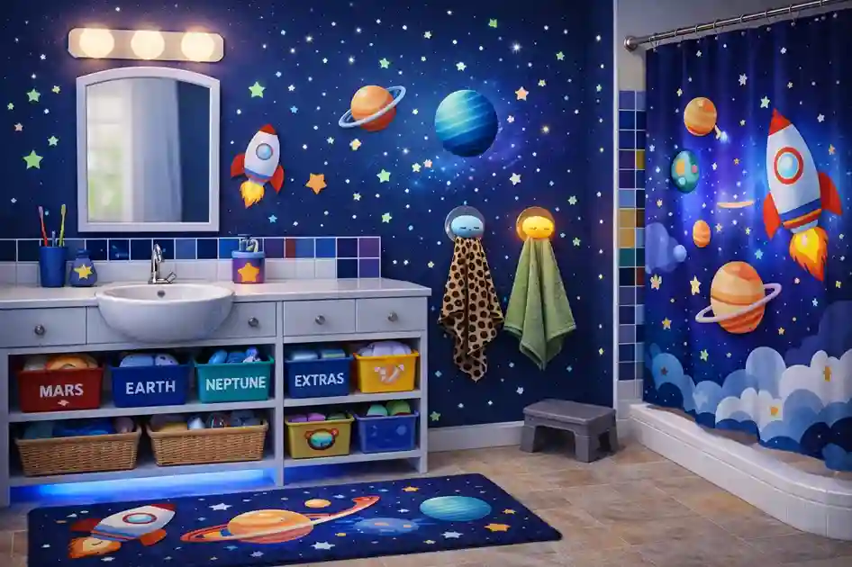 Galaxy themed kids bathroom with deep blue walls, white fixtures, glow stars, LED lighting, fun storage, rounded edges, and safe non-slip flooring.