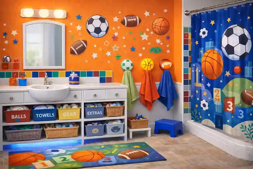 Sports themed kids bathroom with team colors, ball motifs, bright lighting, kid-friendly storage, rounded fixtures, and safe non-slip mats.