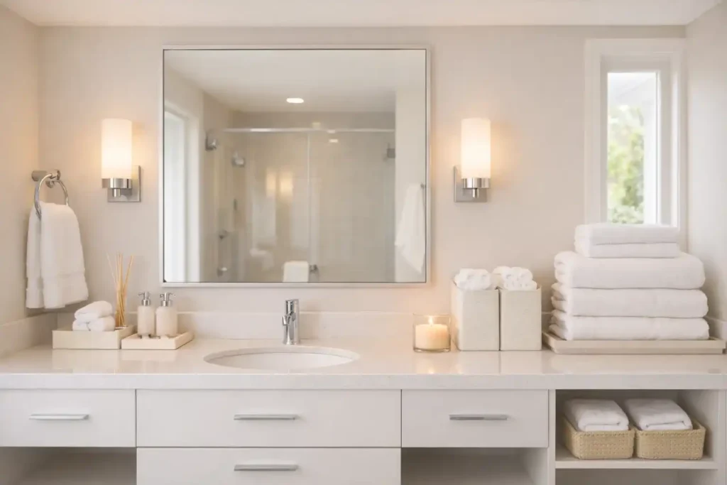 Clean guest bathroom with quartz surfaces, glass fixtures, tidy storage, polished handles, and a clutter-free modern vanity