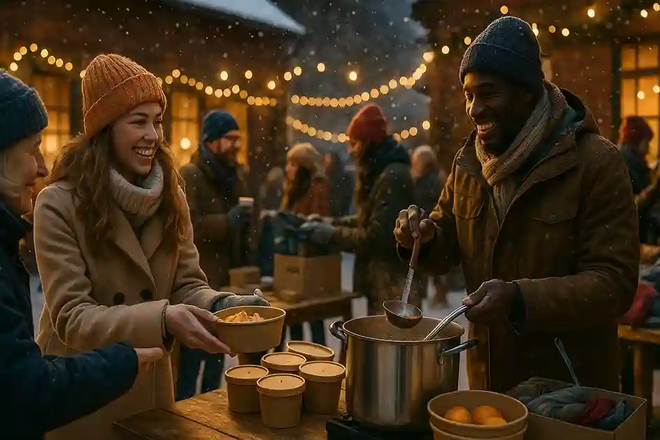 Volunteers sharing warm meals and sorting donations outdoors on a snowy winter day, reflecting kindness during the Christmas season.