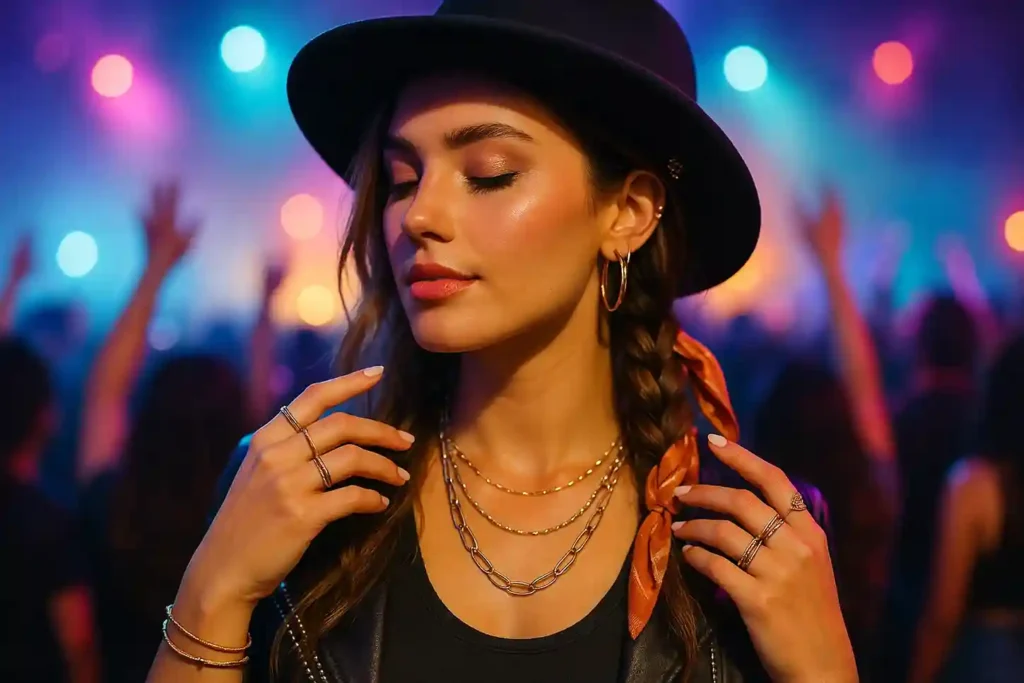Concert accessories showing layered jewelry, bold earrings, stylish hats, and textured hairstyles under colorful stage lighting.