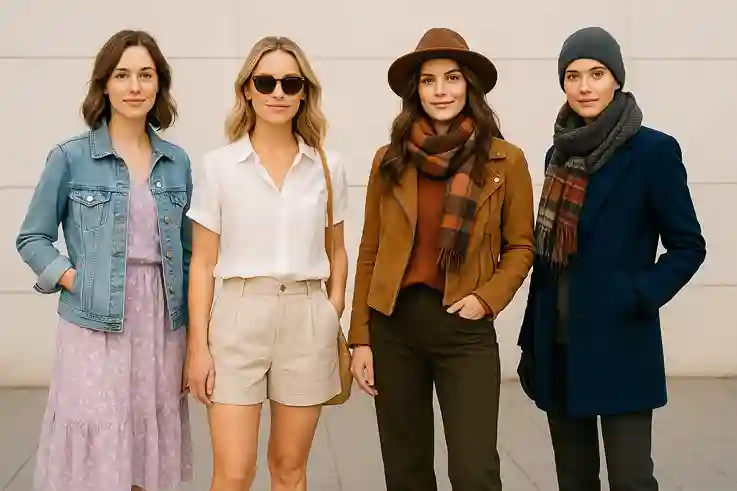 Models wearing spring, summer, fall, and winter outfits, styled with layers, light fabrics, warm textures, and standout coats for seasonal fashion.