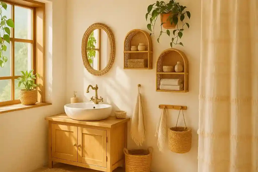 Sunlit boho bathroom with rattan shelves, soft textiles, and hanging plants above a wooden vanity.
