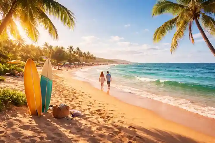 Golden beach scene with sunshine, blue skies, palm trees, and calm waves representing spring break destinations.