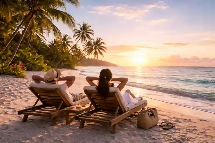 White-sand beach at sunrise with turquoise water and gently swaying palm trees along a calm tropical shore.