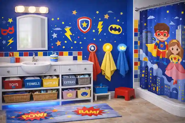 Superhero themed kids bathroom with bold colors, icon decals, bright lighting, kid-friendly storage, rounded fixtures, and safe non-slip mats.