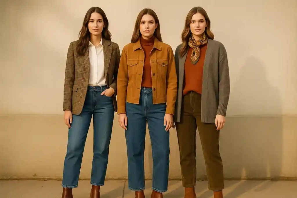 Sustainable fall outfit ideas mixing thrifted blazers, suede jackets, vintage boots, and modern basics.