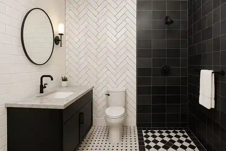 Black and white bathroom decor with mixed tile textures, matte black finishes, glossy white tiles, and patterned flooring for added depth.