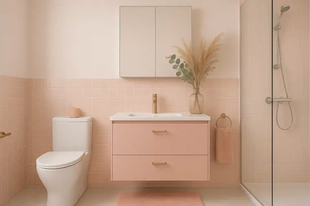 A pink bathroom with woven baskets, matte and glossy pink finishes, dried florals, and layered lighting that create a warm, spa-like atmosphere.