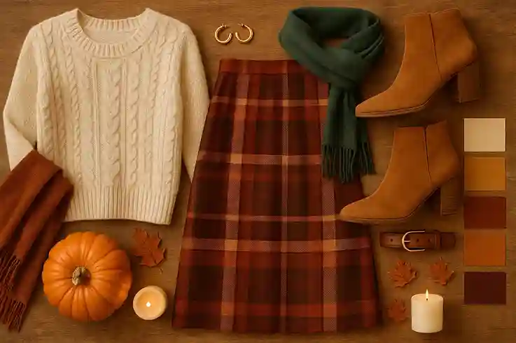 A collage featuring a cream knit sweater, plaid midi skirt, tan boots, and warm fall accessories styled for cozy Thanksgiving outfit ideas.