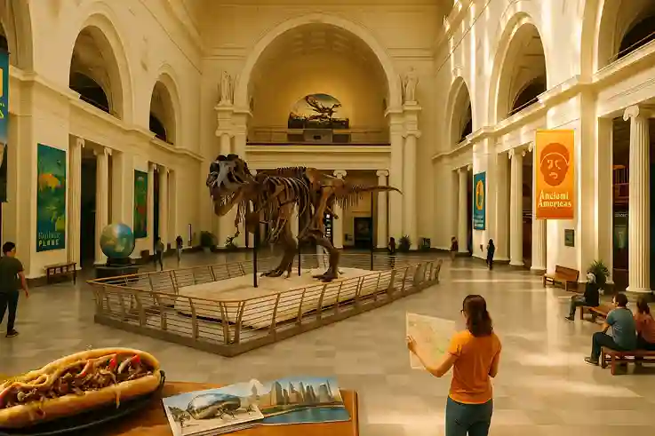 The Field Museum’s wide halls, SUE the T. rex, and detailed exhibits in soft morning light.