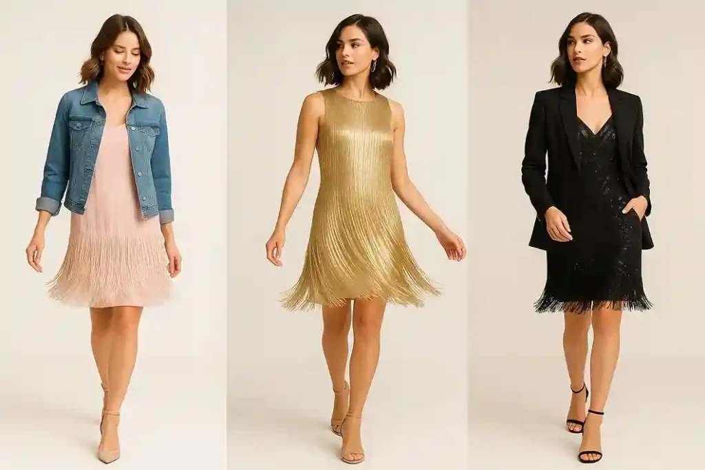 A modern collage of flapper-style dresses showing pastel daytime looks and elegant nighttime fringe designs that highlight confidence and movement.