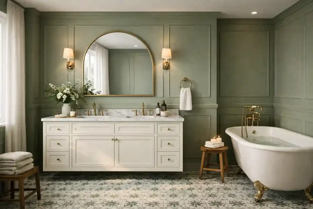Classic green bathroom with paneled walls, patterned tiles, and polished brass or chrome fixtures creating a warm, elegant, timeless space.