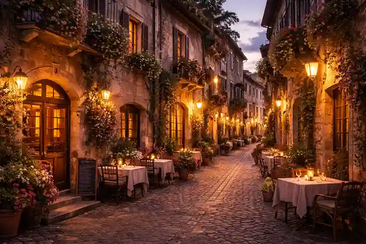 Romantic old-world town with cobblestone streets, warm lights, and charming historic buildings creating a timeless atmosphere.