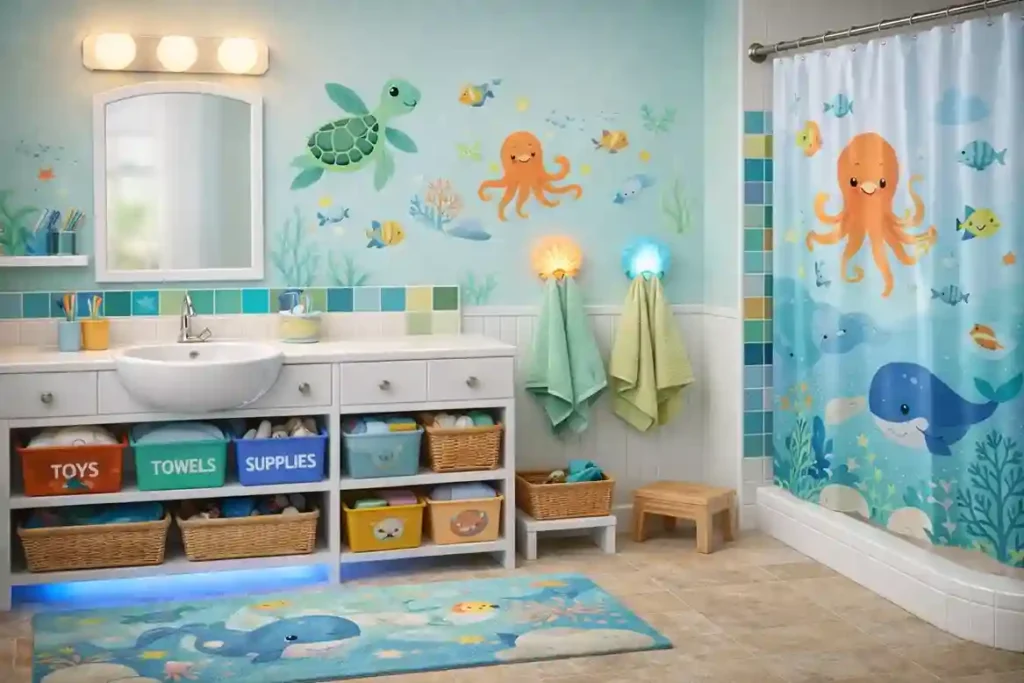 Under-the-sea themed kids bathroom with soft blue walls, white fixtures, fish decals, natural storage, warm lighting, and ocean-tone non-slip mats.