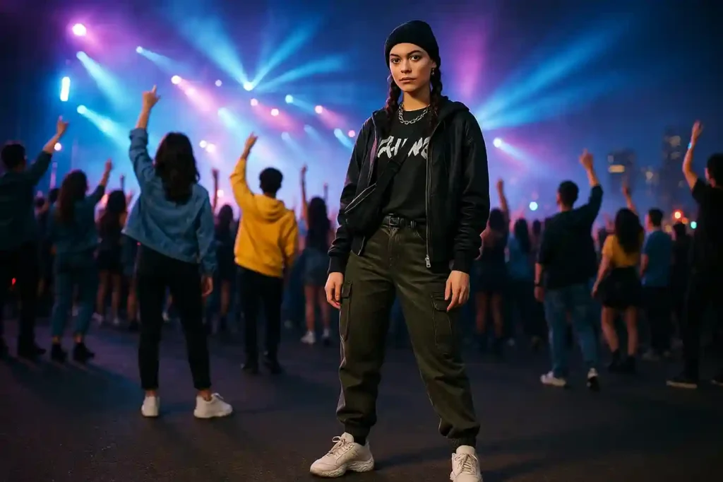Urban streetwear concert outfit ideas showing oversized tees, cargo pants, chunky sneakers, and layered jackets in a vibrant city concert scene.