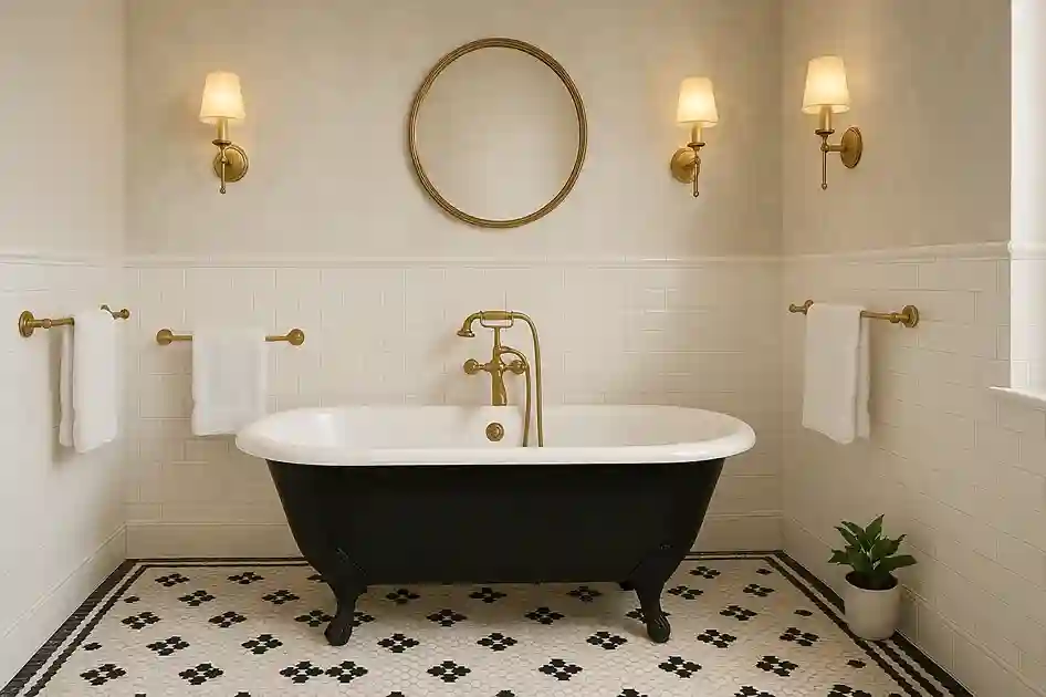 Vintage black and white bathroom with a clawfoot tub, brass accents, mosaic tiles, and soft lighting for a classic nostalgic look.
