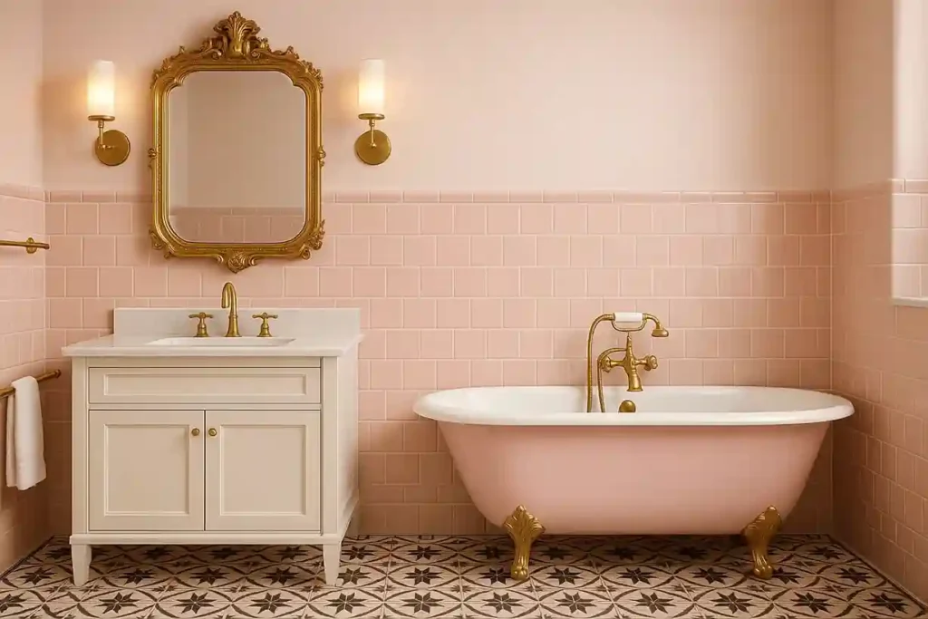 A vintage pink bathroom decor with blush tiles, brass fixtures, an ornate gold mirror, and a clawfoot tub creating a nostalgic mid-century glam look.