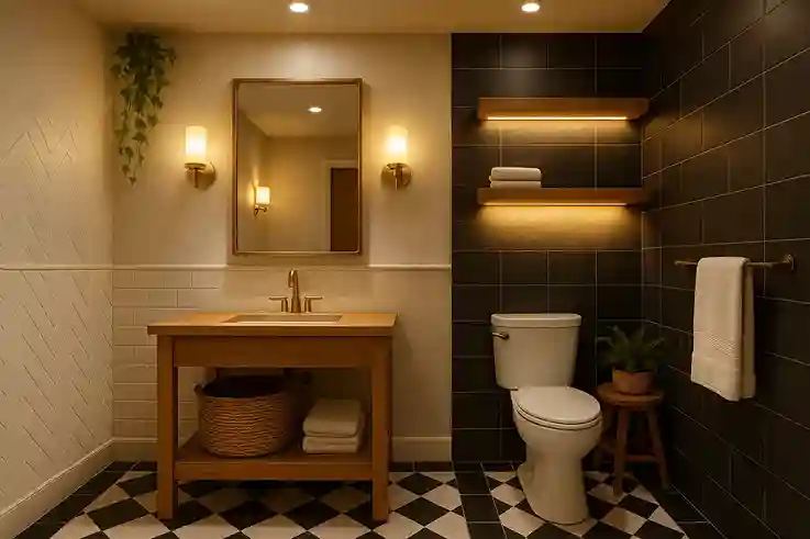 Black and white bathroom decor with wood accents, linen textures, greenery, and layered lighting for a warm, inviting look.