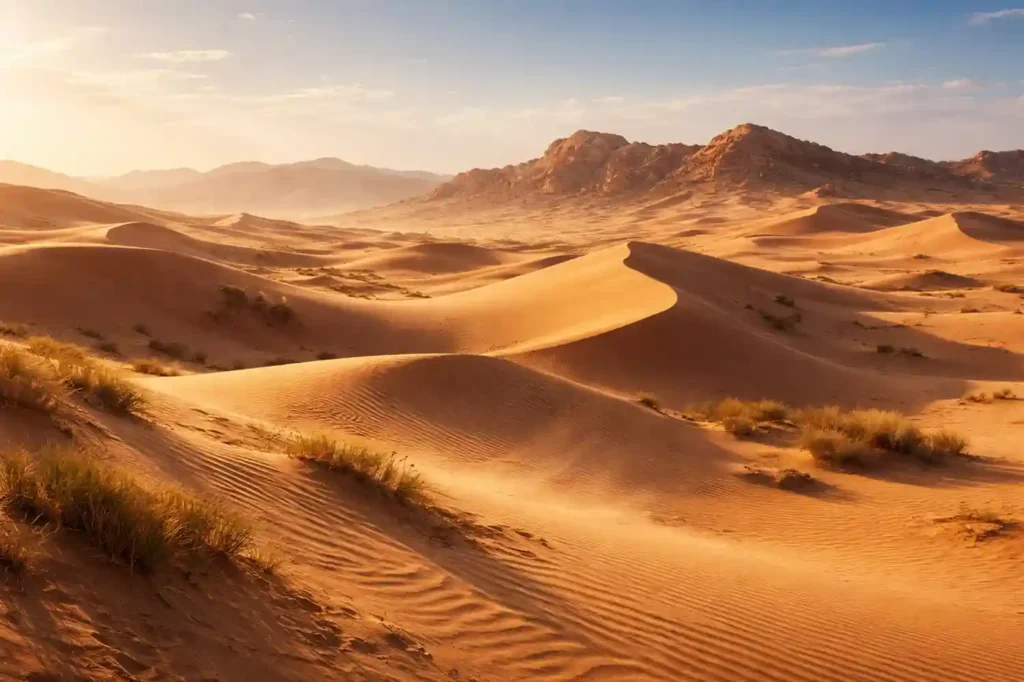 Warm golden desert landscape with glowing dunes under bright spring sunlight.