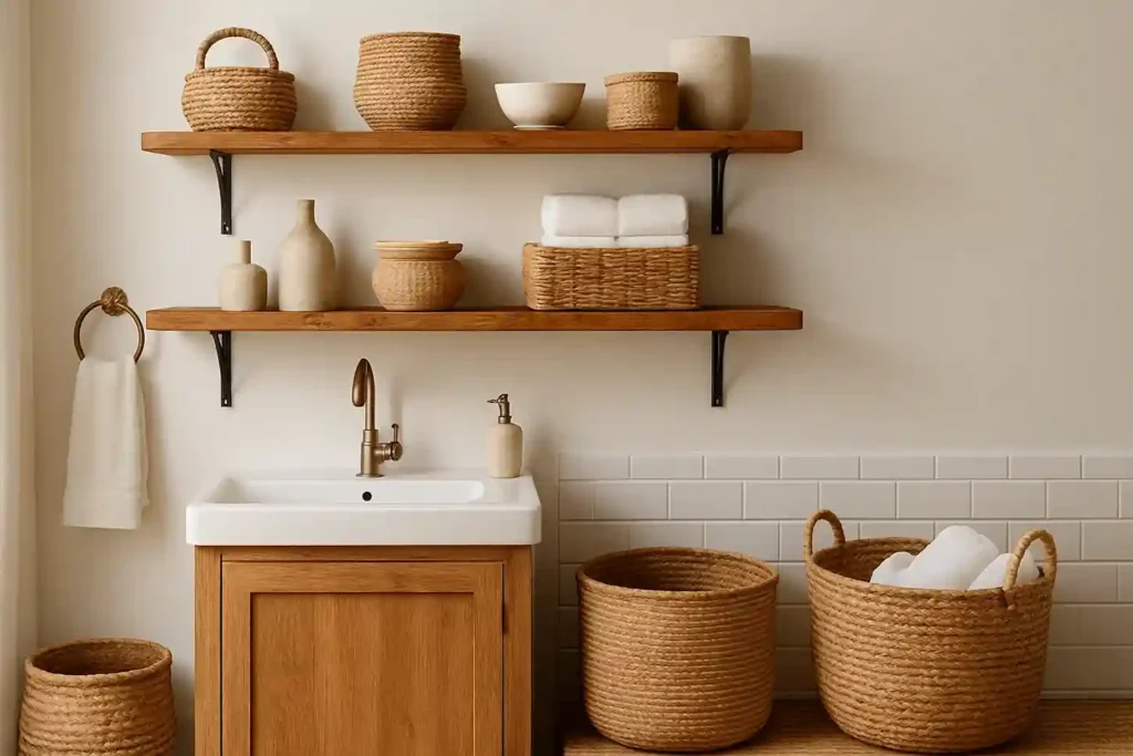 A warm boho bathroom with wooden shelves, woven baskets, soft towels, and ceramic accents arranged to create a cozy, layered, natural look.