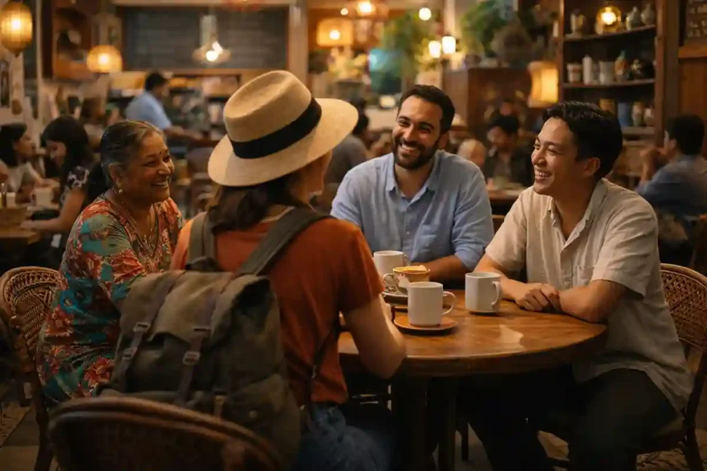 A solo traveler enjoys a warm welcome in a cozy café, surrounded by friendly locals, creating a feeling of acceptance and cultural connection.