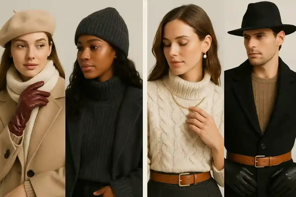 Models wearing leather gloves, knit gloves, wool berets, beanies, felt hats, and layered jewelry styled with winter outfits in a polished editorial look.