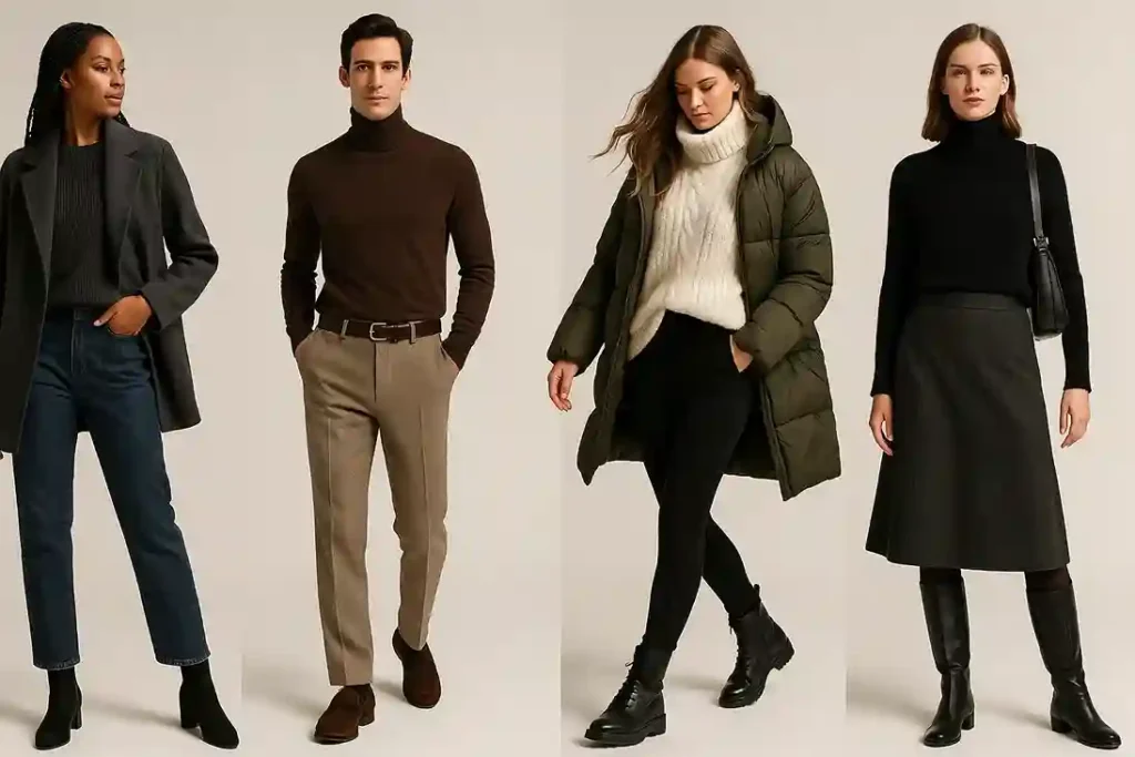 Models wearing winter jeans, wool trousers, leggings, and midi skirts styled with sweaters, coats, and boots in a modern fashion.