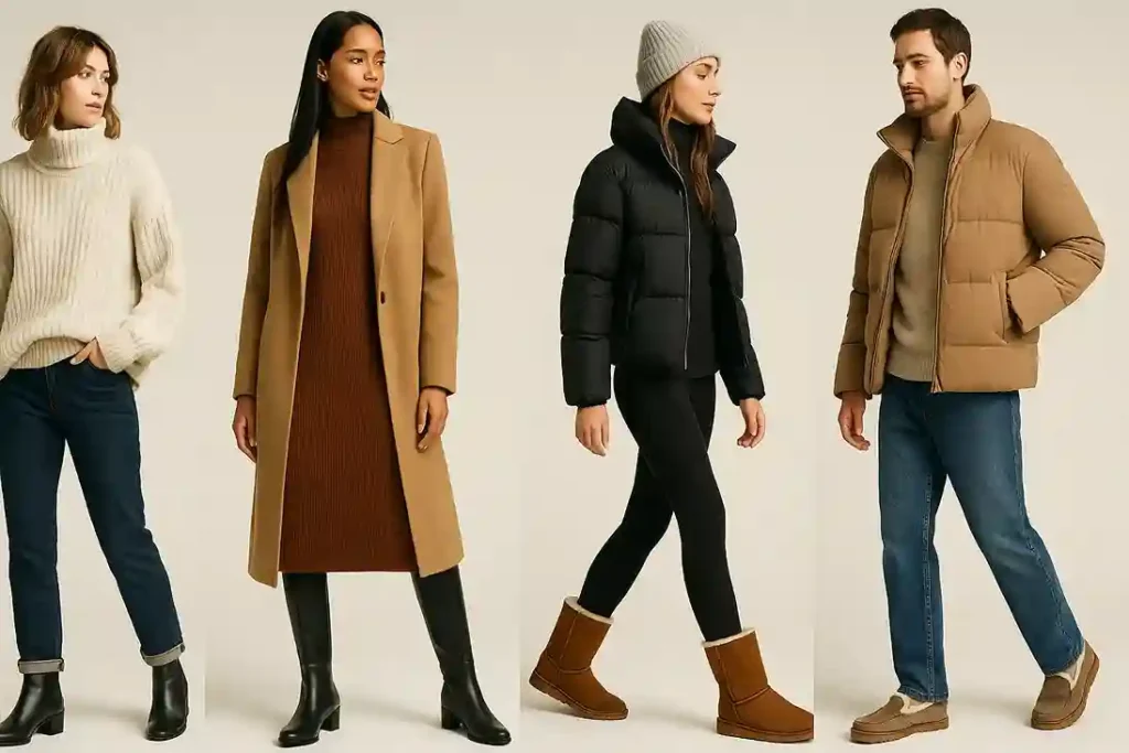 Models wearing ankle boots, knee-high boots, and shearling-lined footwear styled with winter outfits in a polished fashion setting.