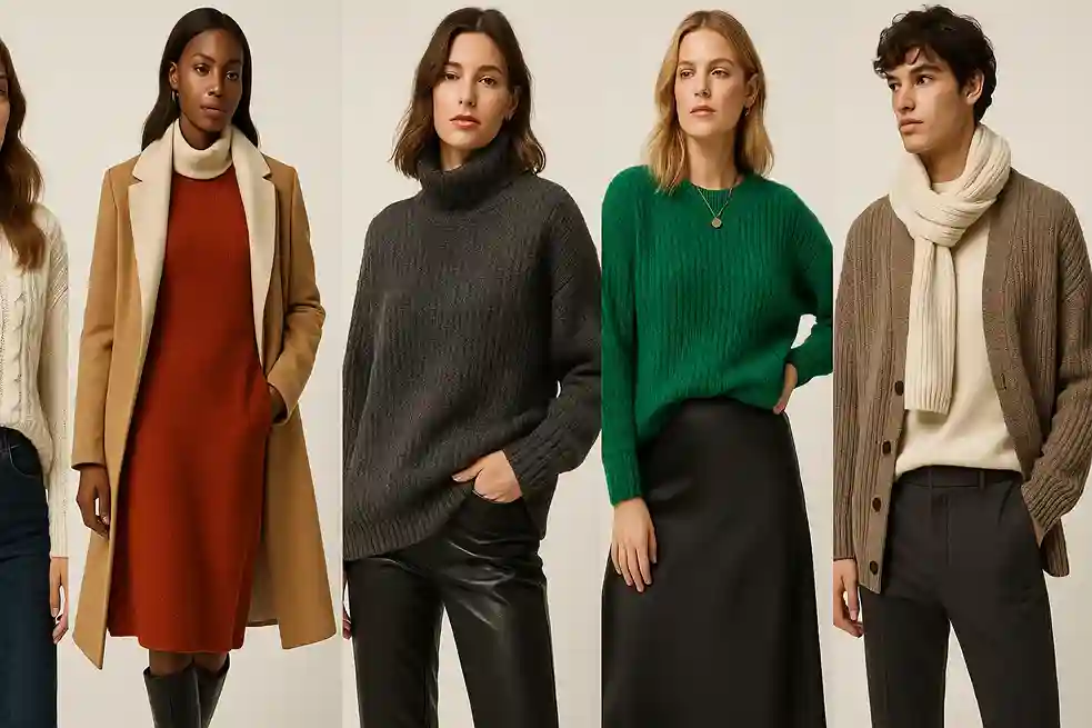 Models wearing chunky knits, knit dresses, and cardigans styled with jeans, boots, and layered pieces in a polished winter editorial setting.