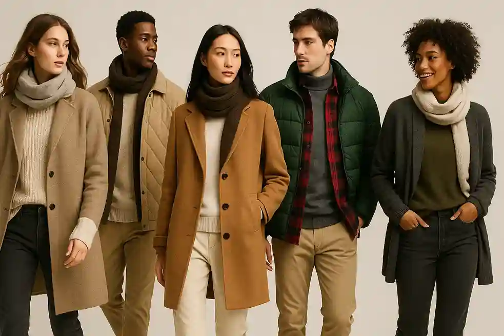 Models showcasing layered winter outfits with turtlenecks, sweaters, flannels, and structured coats in a polished, 