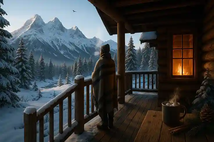 A snowy Rocky Mountain cabin porch overlooking winter peaks, with a person wrapped in a blanket and warm firelight glowing inside.