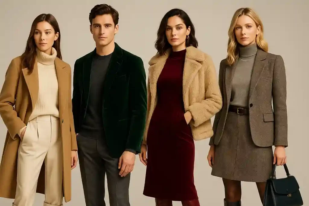 Models styled in winter outfit ideas featuring neutrals, jewel tones, and textures like velvet, tweed, and faux fur.
