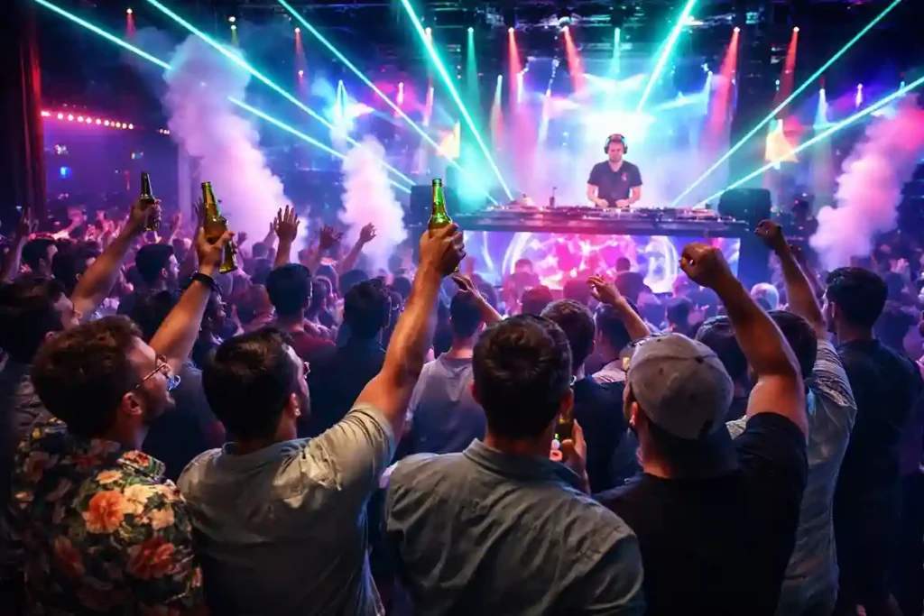 Packed dance floor at a world-class club with a famous DJ at one of the best bachelor party destinations