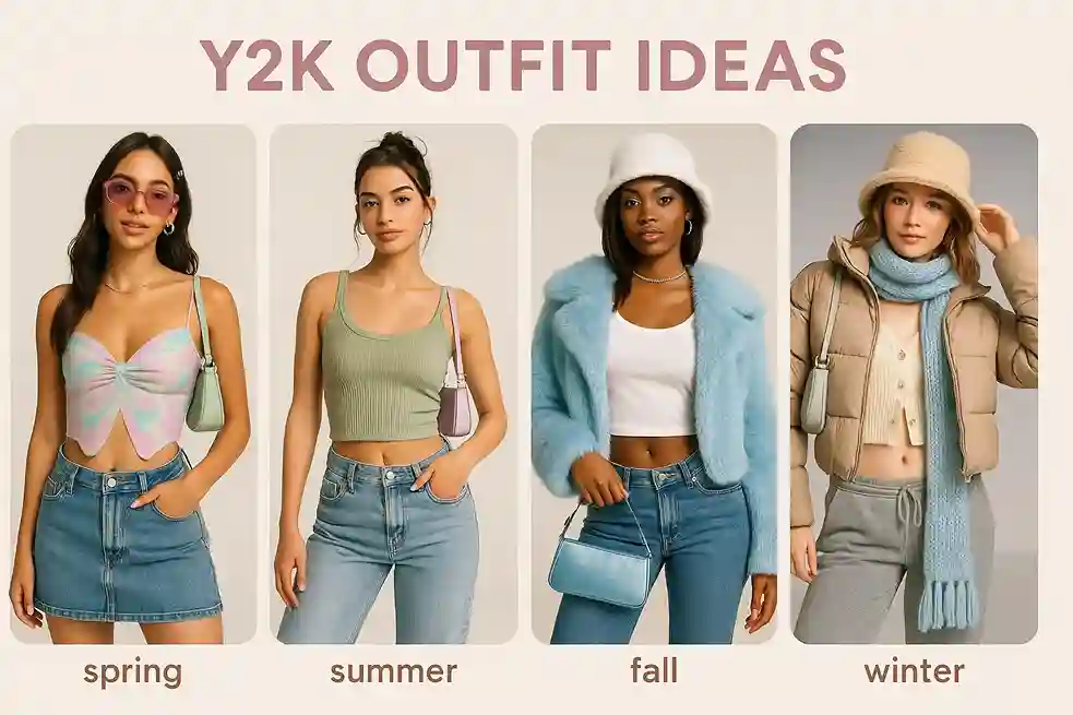 Y2K outfit ideas collage showing spring, summer, fall, and winter looks with denim skirts, low-rise jeans, and layered jackets