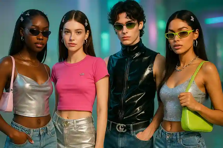 Models wearing Y2K outfit ideas with metallic fabrics, low-rise jeans, baby tees, and bold accessories