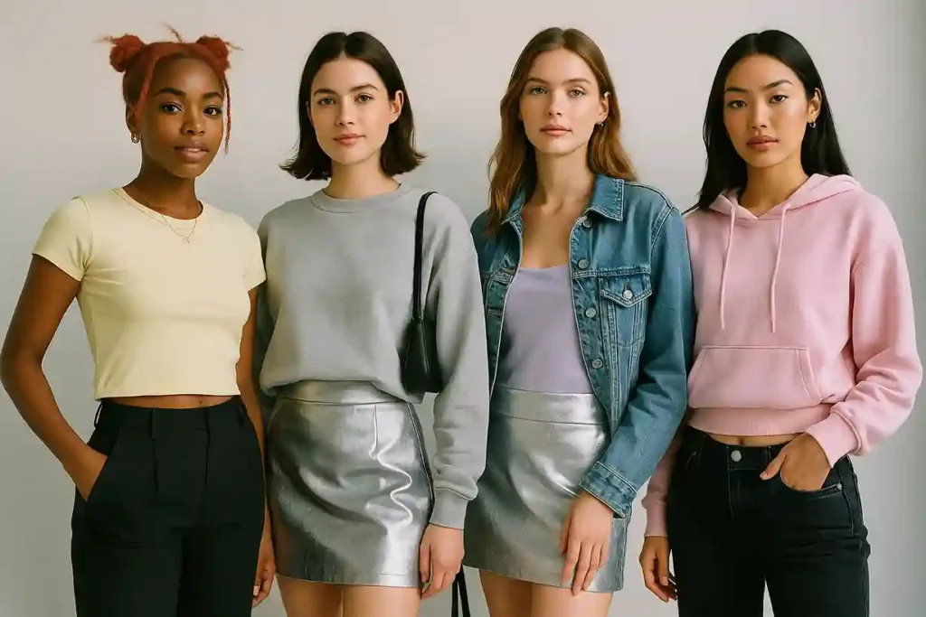 Models wearing Y2K outfit ideas mixing baby tees, metallic skirts, layered outfits, and modern accessories