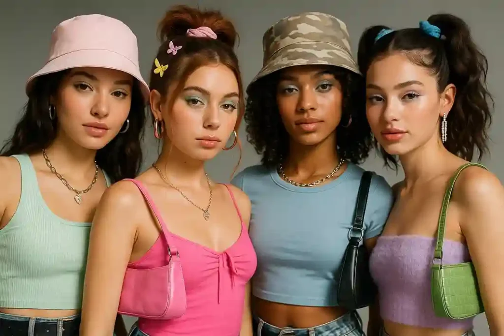 Models wearing Y2K outfit ideas with charm necklaces, butterfly clips, logo belts, and glossy makeup