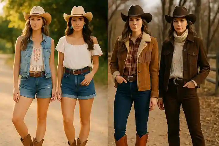 Models in warm- and cold-weather cowgirl outfits featuring denim shorts, crop tops, suede jackets, flannels, boots, and seasonal Western accessories.