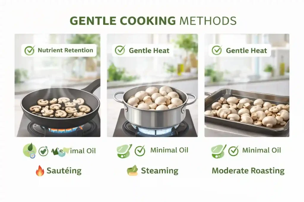 Infographic-style image showing sautéing, steaming, and roasting button mushrooms as methods that help preserve nutrients and flavor.