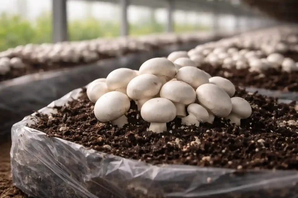Button mushrooms growing in a farm setting, with clear focus on one cultivation bag and mushrooms at early harvest stage.