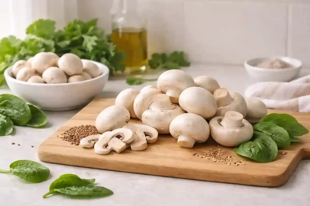 Fresh button mushrooms displayed in a healthy kitchen setting, representing low-calorie foods rich in fiber, vitamins, and minerals.