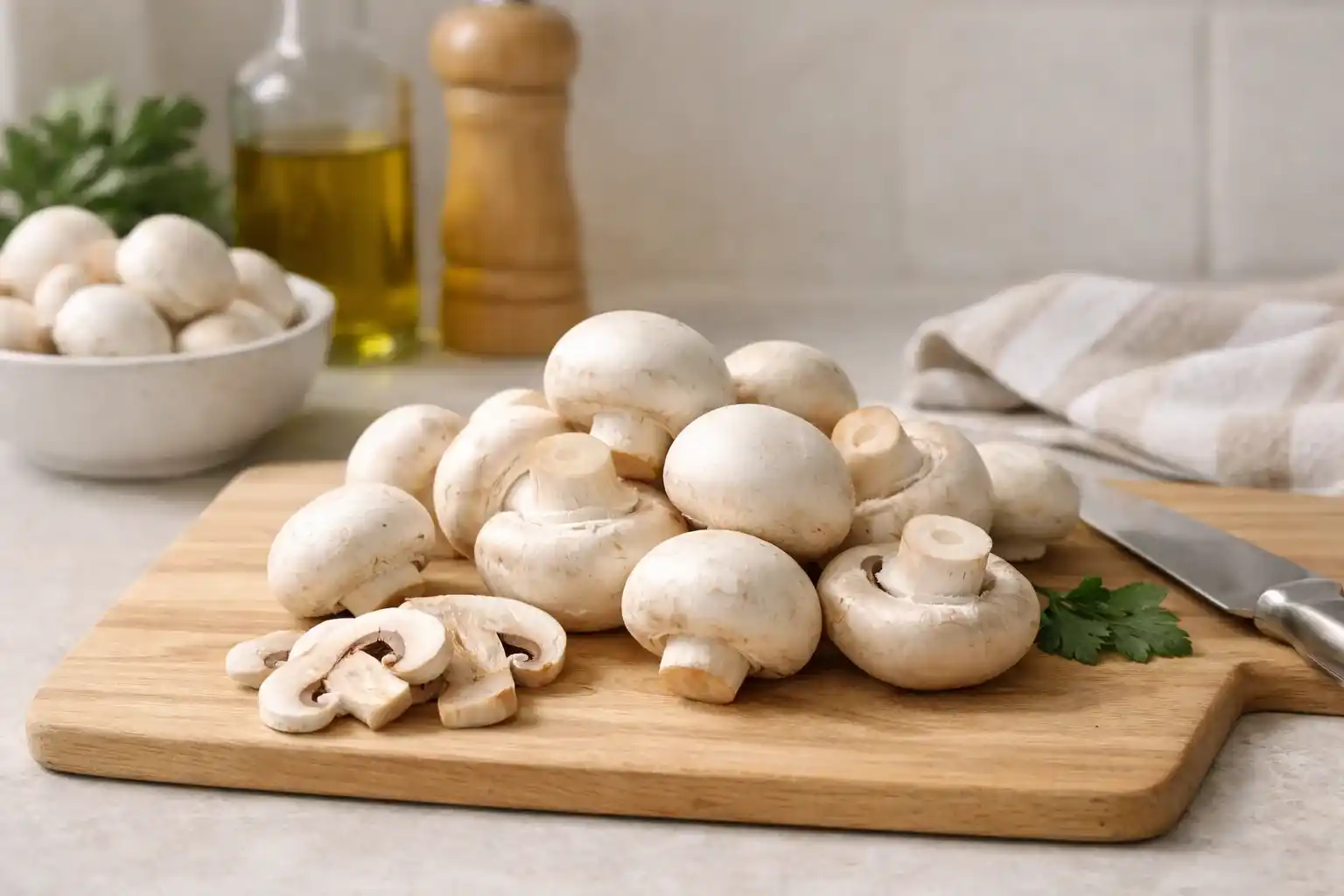 Fresh white button mushrooms displayed on a kitchen counter, highlighting their simple look and everyday nutritional value.