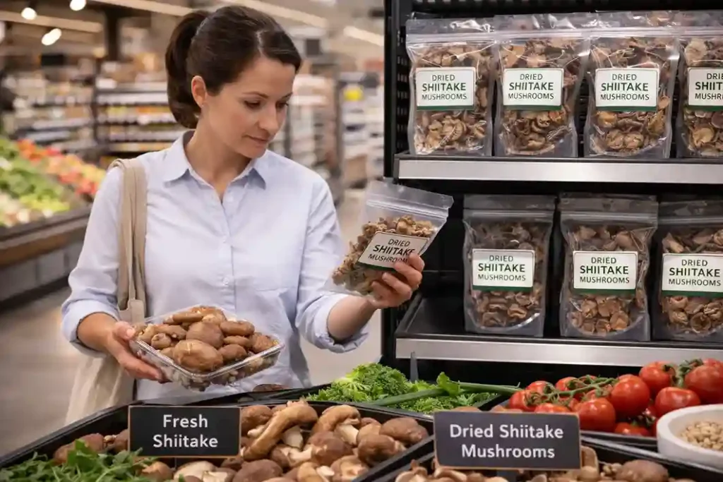 Shopper choosing fresh and dried shiitake mushrooms in a grocery store produce section