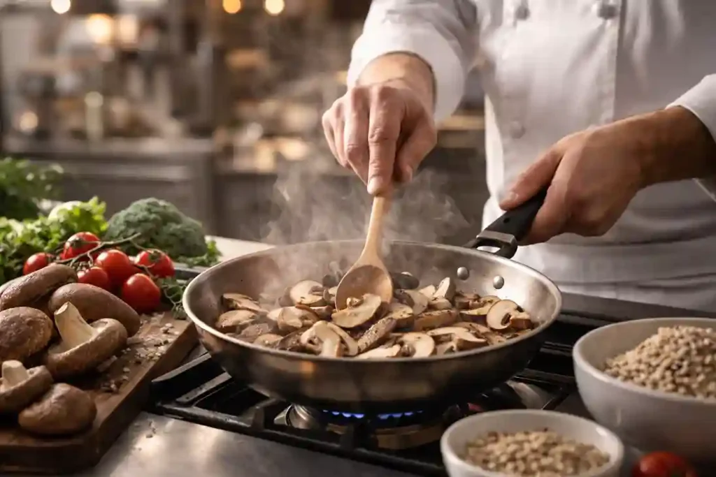 Chef sautéing shiitake mushrooms in a pan, highlighting their texture and culinary versatility