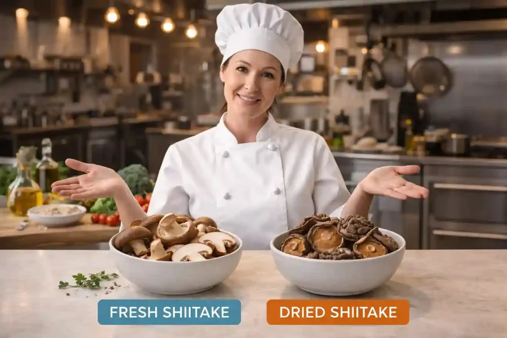 Female chef explaining the difference between fresh and dried shiitake mushrooms in a kitchen