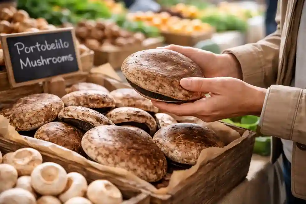Person selecting fresh portobello mushrooms at a farmers market stall