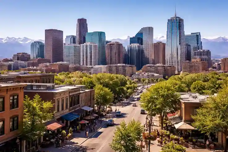 us travel destinations Denver skyline with modern city streets and Rocky Mountains rising just beyond the urban area.