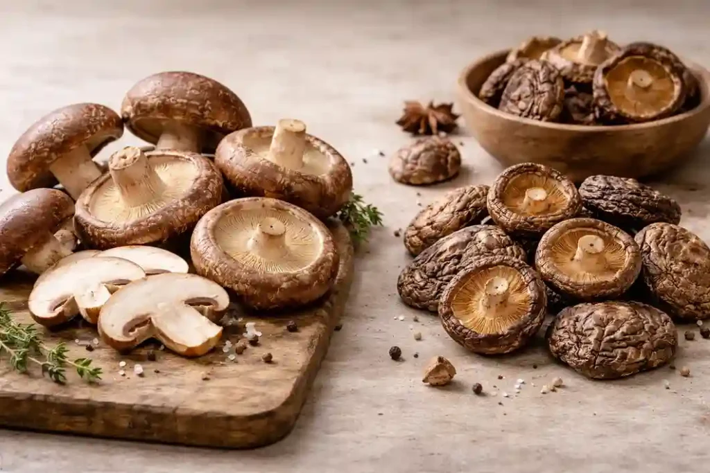 Fresh and dried shiitake mushrooms displayed side by side to show texture and form differences