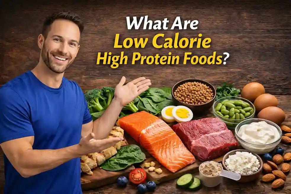Person explaining low calorie high protein foods with chicken, fish, eggs, yogurt, legumes, and vegetables displayed on a table